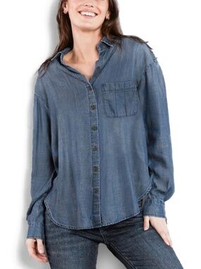 J. Jill - Blue Chambray Denim Lightweight Cotton Long Sleeve Button Top - XL